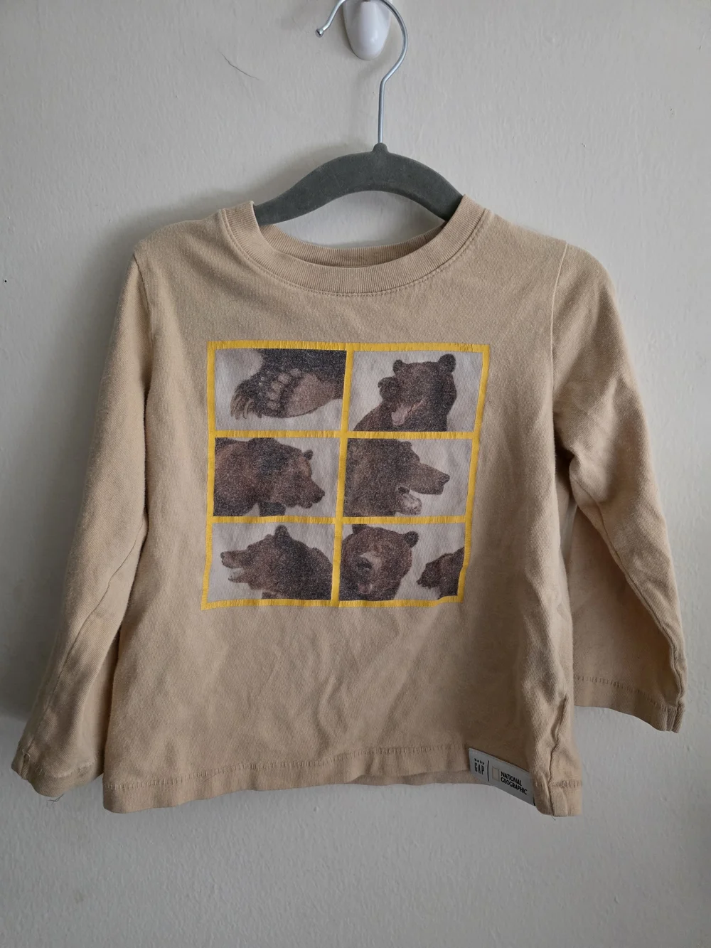 GAP Beige Long-Sleeve Tee with Bear Grid Graphic